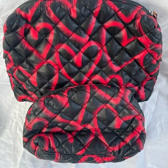 MZ Wallace Red and Black Graffiti Hearts Quilted Women's Cosmetic Bag Pouch Set - Picture 2 of 7